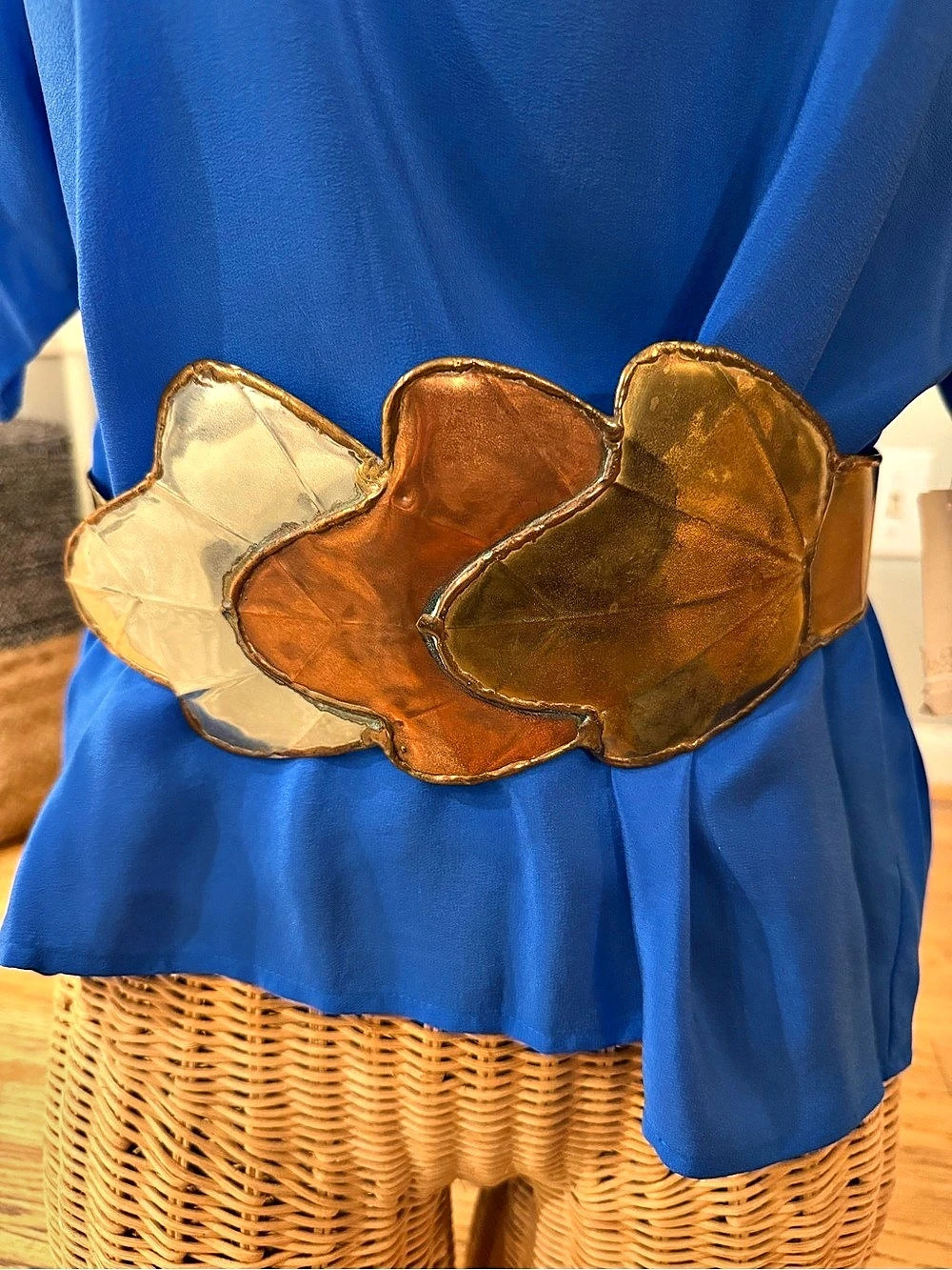 Vintage 80s Art to Wear Mixed Metal Leaf Belt Brutalist Handmade Statement Waist